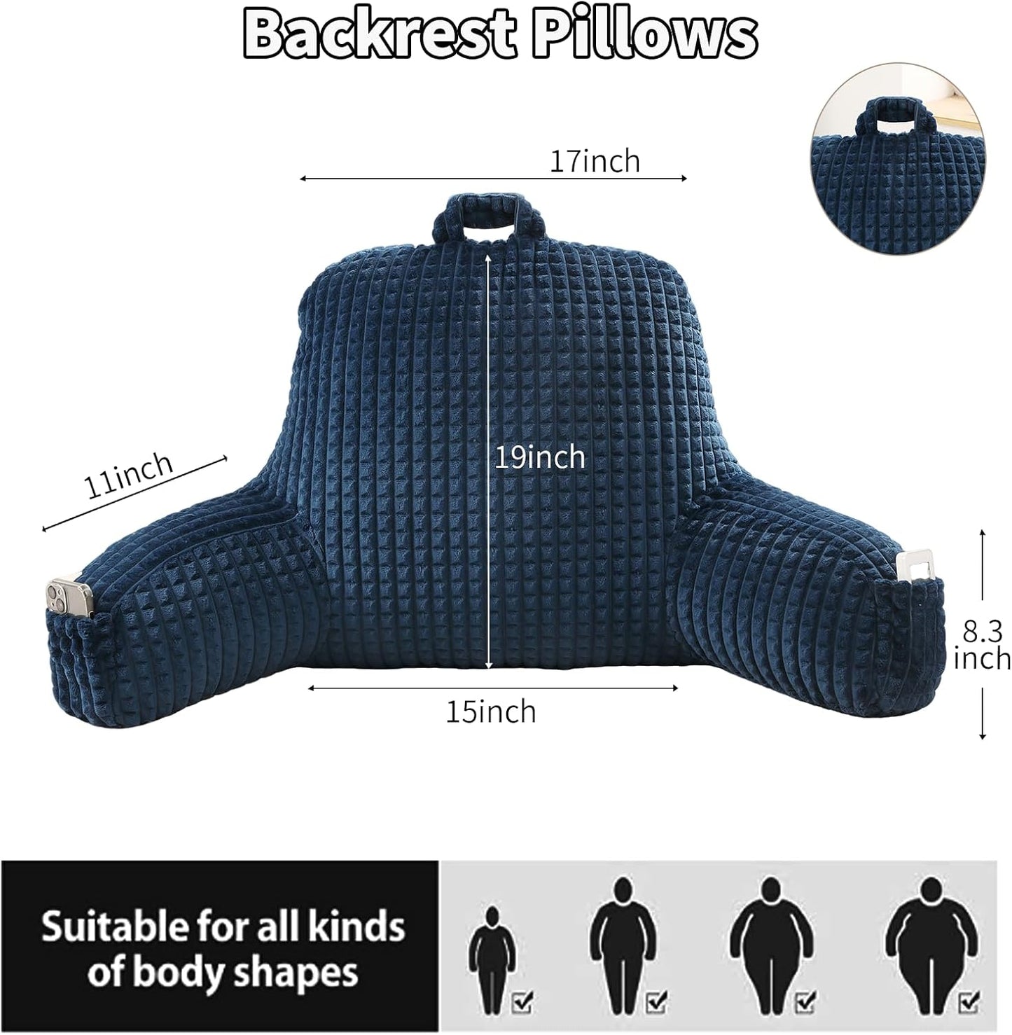 Reading Pillow with Arms for Sitting in Bed,Backrest,White Flannel,M | 17" Backrest Supports Back for College Students,Elbows & Forearms for Dorm Reading,Gaming,Watching TV