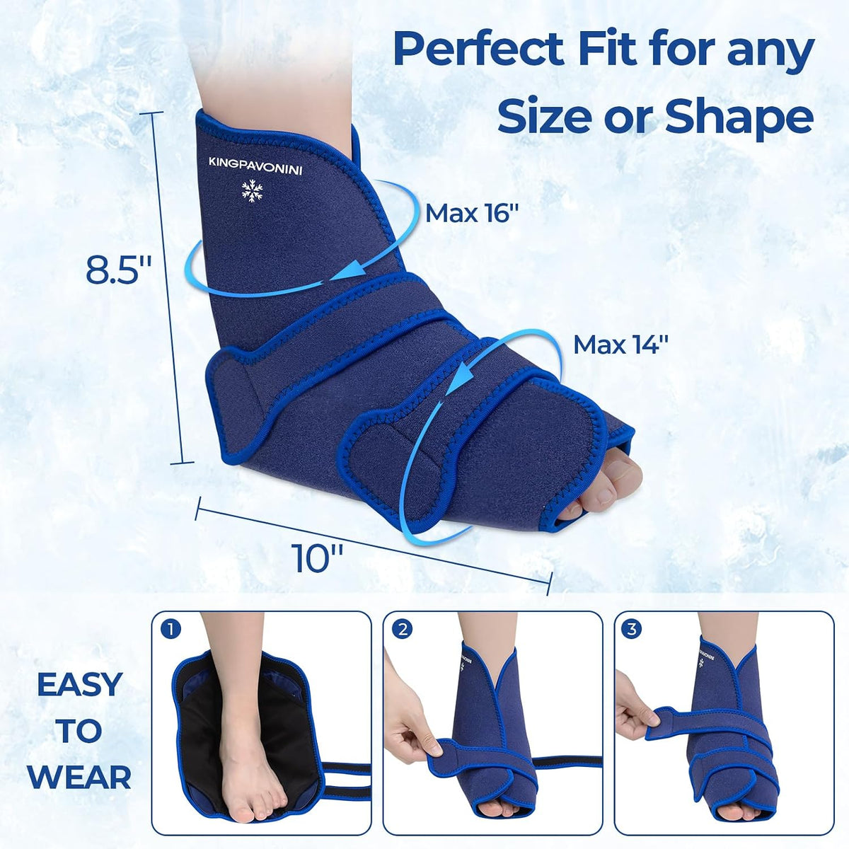 KingPavonini Ankle Foot Ice Pack Wrap, XL, Blue, 1 Wrap + 4 Gel Packs