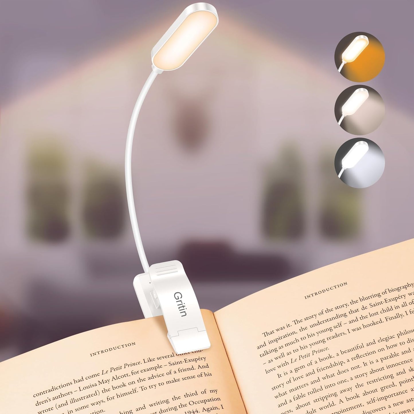 Gritin 16 LED Rechargeable Book Light for Reading in Bed | Eye Caring 3 Color Temperatures,Stepless Dimming Brightness,80 Hrs Runtime,Lightweight Flexible Clip on Light for Book Lovers