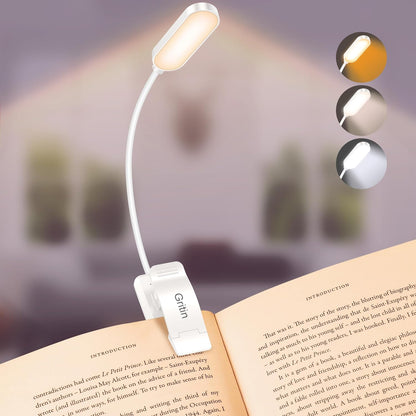 Gritin 16 LED Rechargeable Book Light for Reading in Bed | Eye Caring 3 Color Temperatures,Stepless Dimming Brightness,80 Hrs Runtime,Lightweight Flexible Clip on Light for Book Lovers