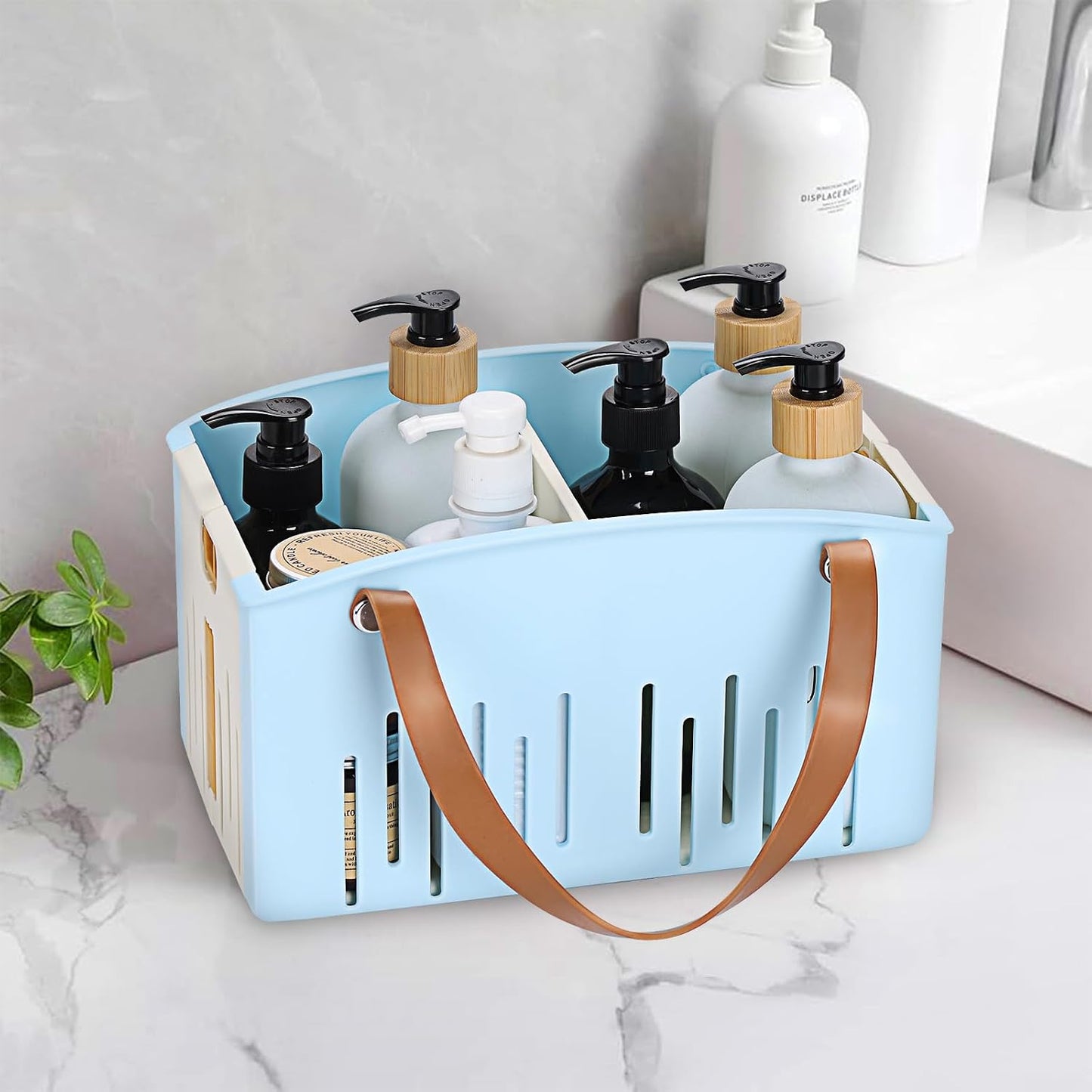 Portable Shower Caddy Collapsible Plastic Shower Basket Tote with Handles Removable Divider, Cleaning Caddy Storage Organizer for Bathroom College Dorm (White)