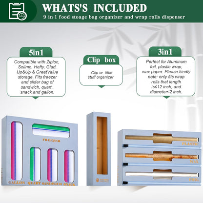 Calmbee 9 in 1 Bamboo Storage Bag Organizer for Kitchen Drawer – Plastic Wrap Dispenser with Cutter & Foil Organizer, Wooden Baggie Organizer for Sandwich, Snack, Gallon, Quart Sizes, Natural