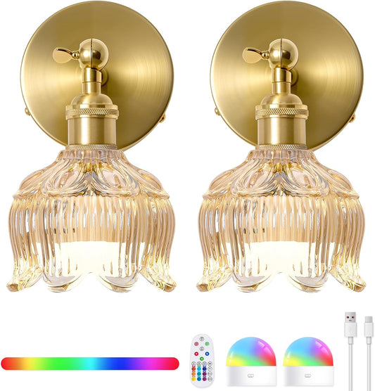 Vintage Battery Operated Wall Sconces: Gothic Wireless Rechargeable Light | 5000mAh Dimmable Powered Sconce Remote Control, Set of 2 Cute Purple Flower Glow Cordless Mounted Lights for Bedroom Bedside