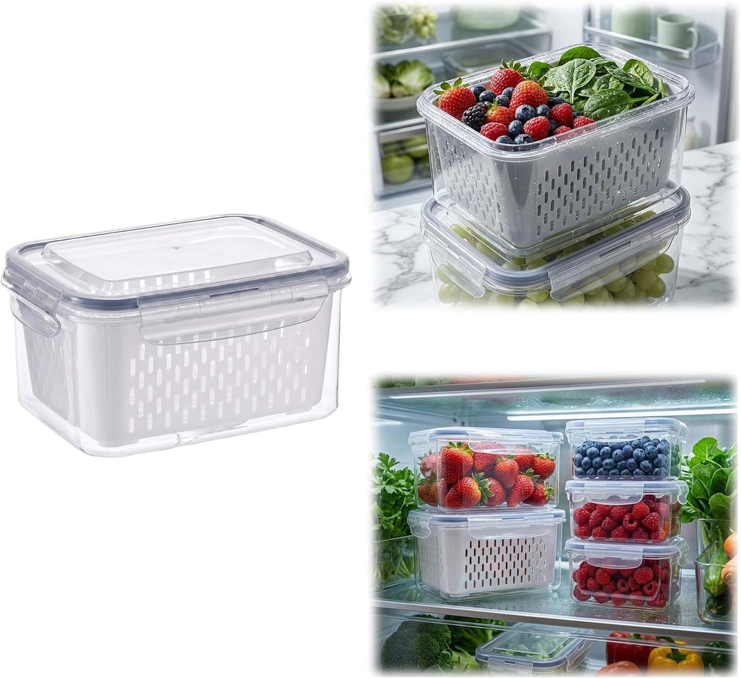 Fruit Storage Containers for Fridge with Removable Colander, Airtight Produce Storage Containers with Lids, Fridge Organizers and Storage for Berry, Fruit, Vegetables, Salad & Meal Prep (Gray, S+M+L)