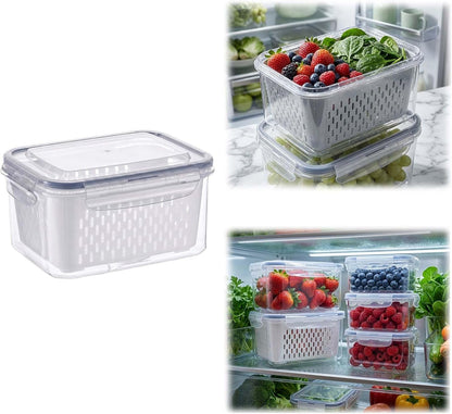 Fruit Storage Containers for Fridge with Removable Colander, Airtight Produce Storage Containers with Lids, Fridge Organizers and Storage for Berry, Fruit, Vegetables, Salad & Meal Prep (Gray, S+M+L)