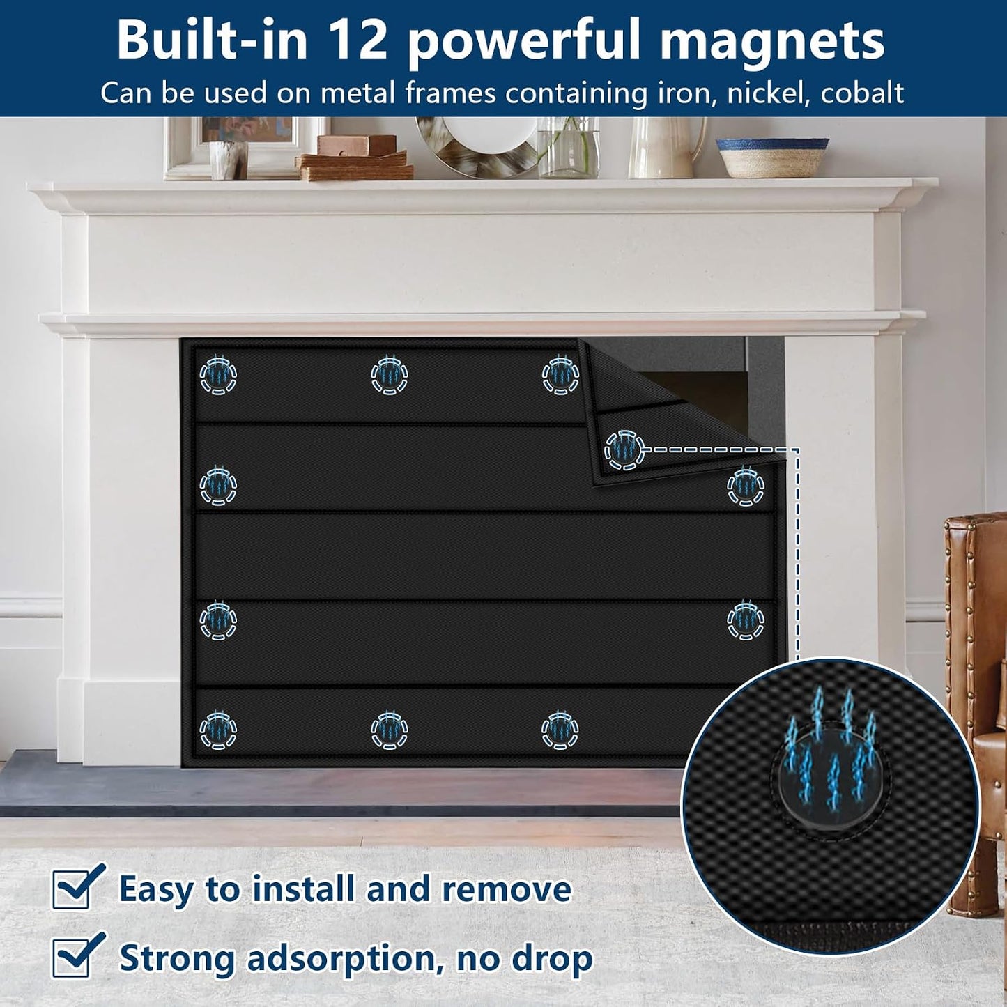Magnetic Fireplace Cover 39"x32" Fireplace Draft Stopper Blocker Indoor | Fire Place Cover with Built-in 12 Strong Magnet for Iron Fireplace Frame Fireplace Screen