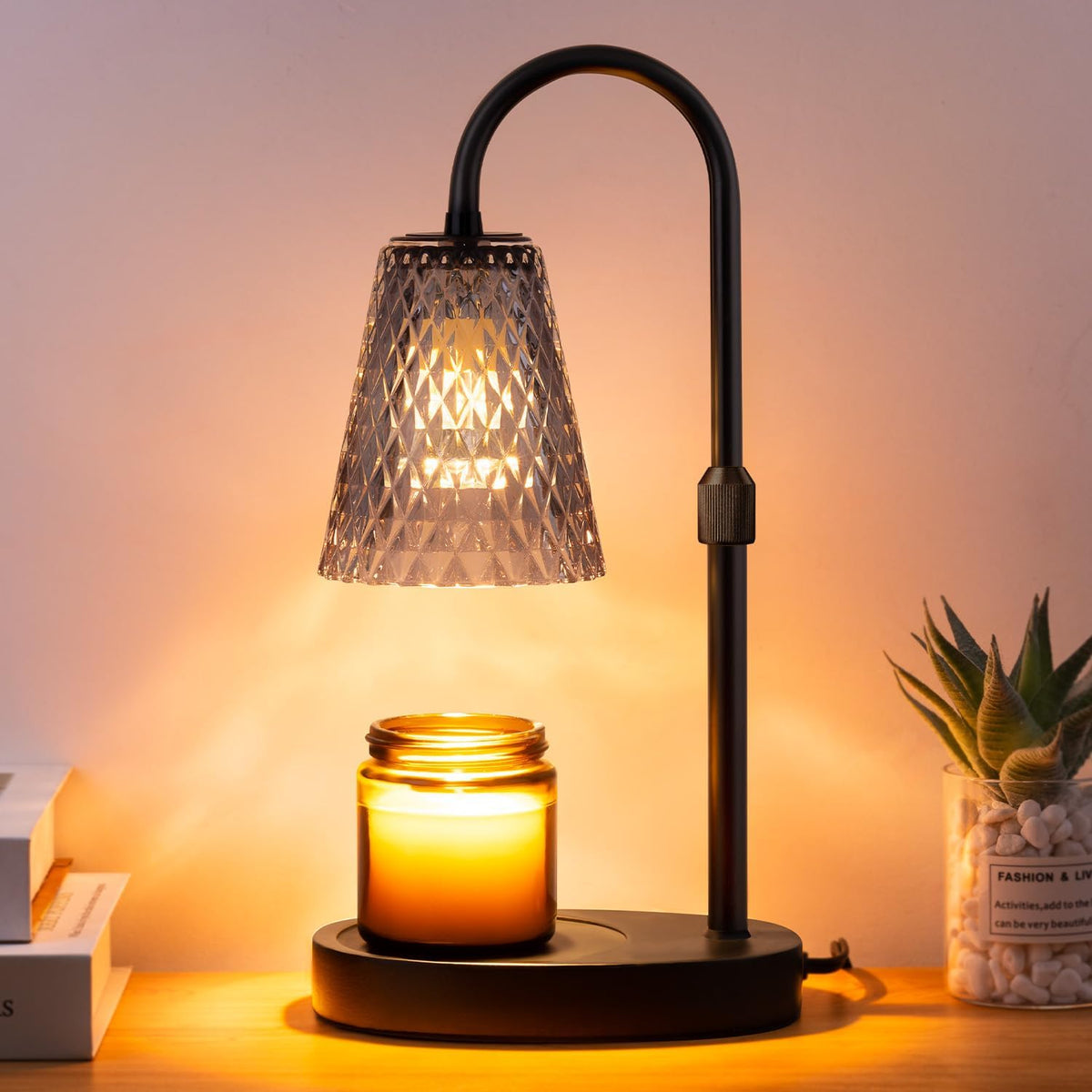 Candle Warmer Lamp Electric Timer - Candles Wax Warmers Glass Lamps for Jar Candles Burner No Flame Scented Melting Warming Lantern Adjustable Height Dimmable Light with 2 Bulb for Home Living Bedroom