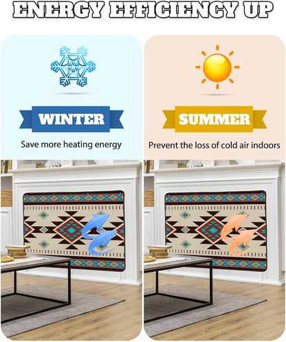 Brown Blue Magnetic Fireplace Cover, Fireplace Draft Blocker, Green Southwest Ethnic Native American Boho Fireplaces Blanket for Heat Loss/Cold Air, Fireplaces Draft Stopper Cover for Inside 39''x32''