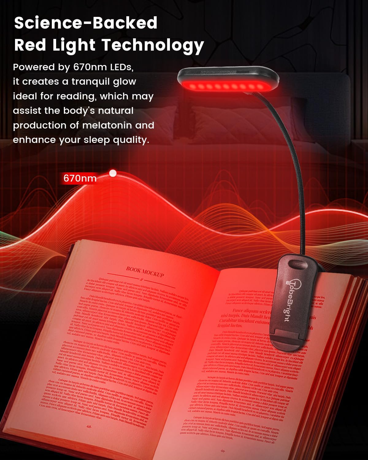 670nm Red Light Book Light LED Rechargeable USB-C Clip On Book Lights for Reading at Night, 100% No Blue-Light Eye Care Book Lamp 360° Flexible, Gift for Kids, Travel, Learning