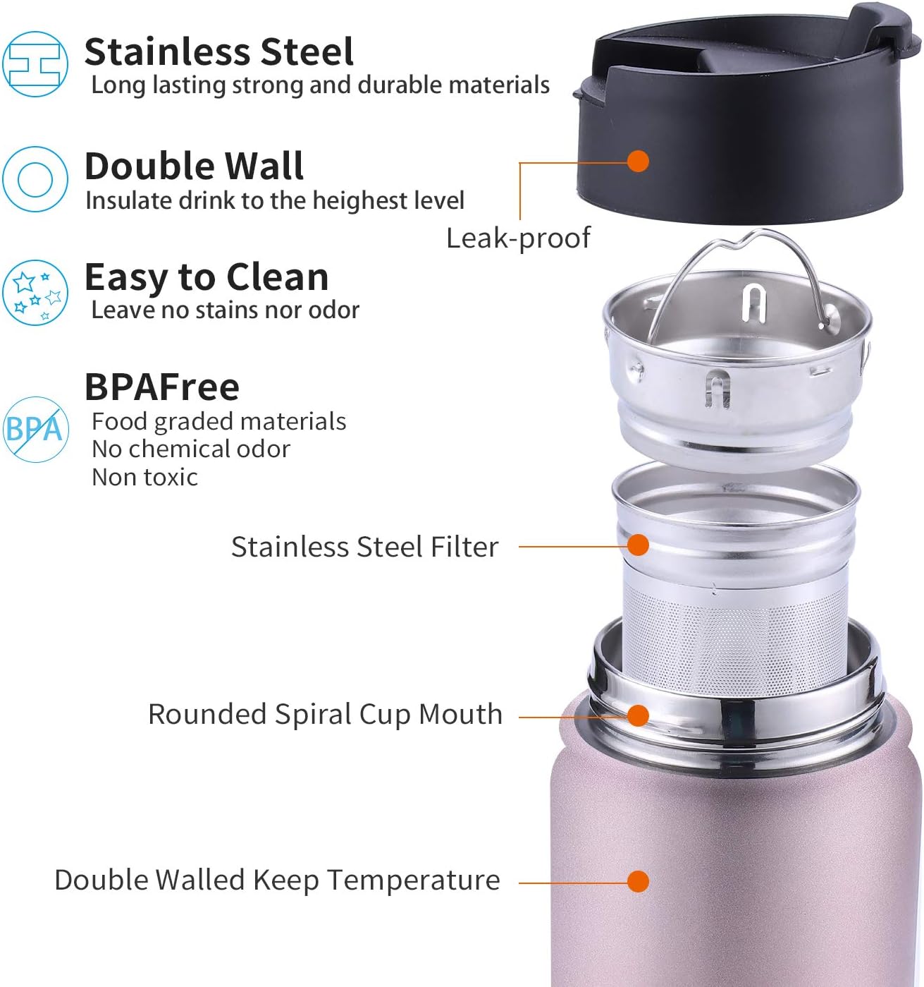 Sivaphe Infuser Travel Mug with Removable loose leaf Tea Strainer Tea Filter Water Bottle 18/8 Stainless Steel Insulated Tumbler for Women Rosegold