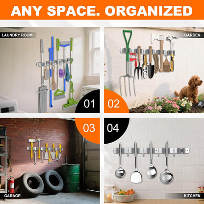 Broom Holder Wall Mount Mop Organizer, 5 Racks 4 Hooks | Premium Stainless Steel Mop Holder Storage Tool Utility Racks Solid for Home Kitchen Garden Laundry Garage