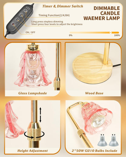 SupBri Candle Warmer Lamp with Timer & 4Bulbs, Pink Flower Glass Shdae