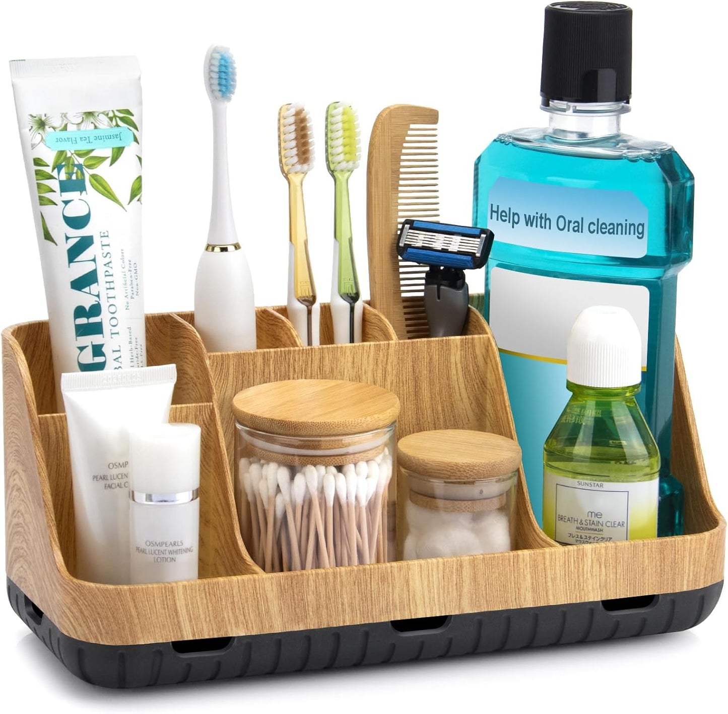 GFWARE Black Toothbrush Holder - 7 Slots Bathroom Organizer Countertop with Drainage Matte Black Electric Toothbrush and Toothpaste Holder for Bathroom Accessories Sink Storage