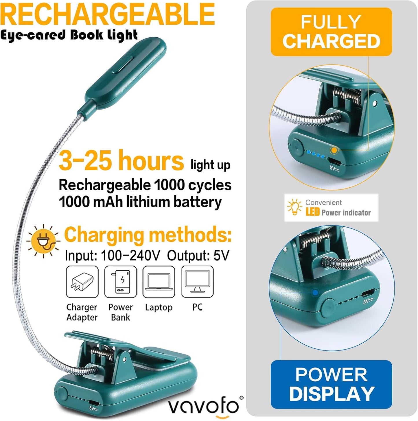 VAVOFO Rechargeable Book Light for Reading in Bed Kids, 7 LED Reading Light with 9-Level Warm Cool White Daylight, Eye Care Lamp with Power Indicator for Bookworms (Yellow)