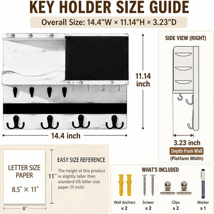 Key Holder for Wall Mount with Shelf and Mail Organizer, Key and Mail Holder with 16 Hooks, Farmhouse Entryway Organizer, Home Decor Rack (Pine Wood, White Washed)