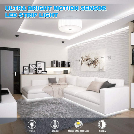 MY BEAUTY LIGHT Motion Activated LED Strip Lights, 16.4ft LED Light Strip with Day or Night 2 Lighting Modes, 3 Timing Off Modes, Bright White 12v Plug-in LED Rope Lights for Under Cabinet, Kitchen