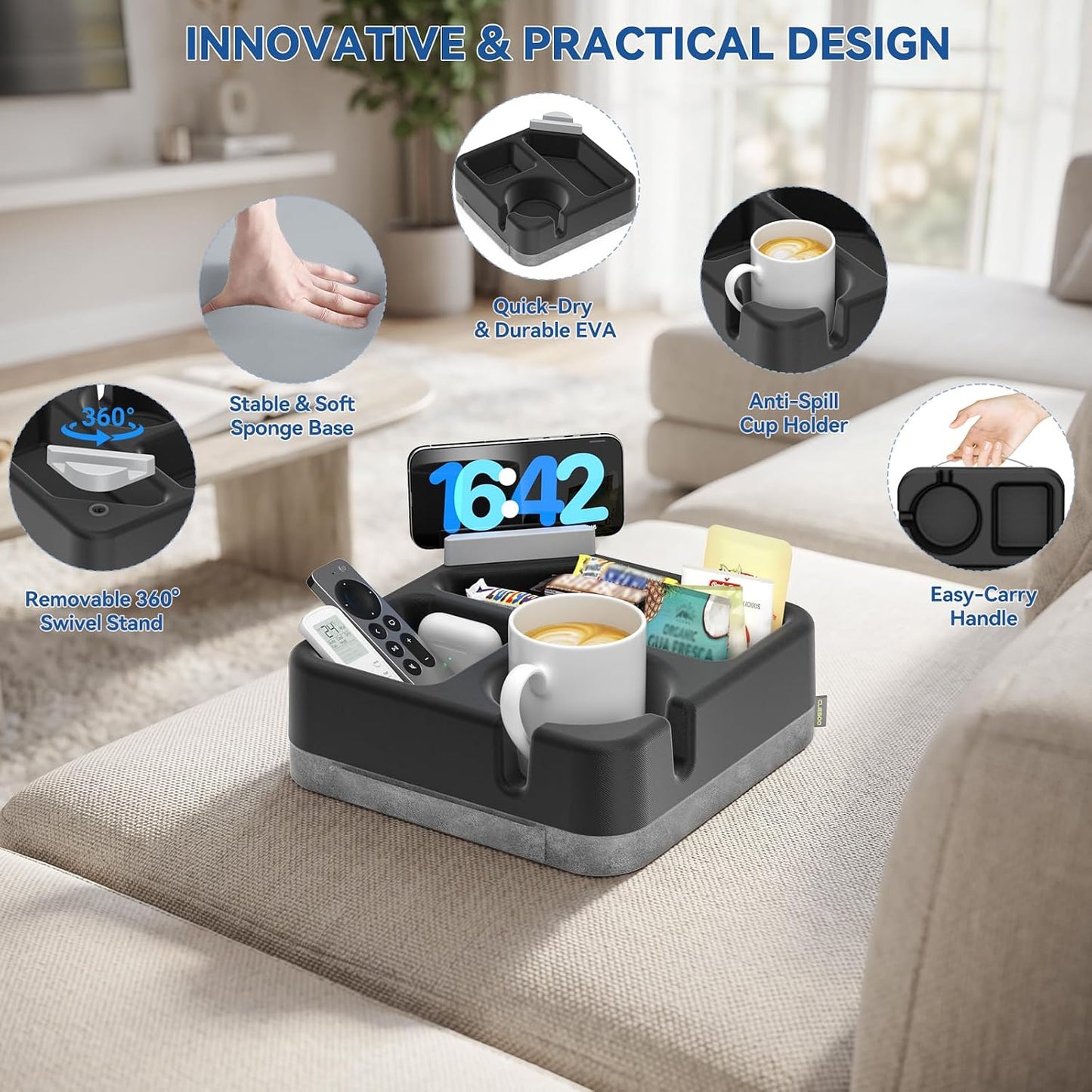 Couch Cup Holder Tray Couch Cup Holder Pillow Soft Sofa Caddy Drink Holder with 3 Compartments &Removable 360°Swivel Phone Stand, Portable Bed Snack Caddy Pillow with Handle for Tablet Controller Grey