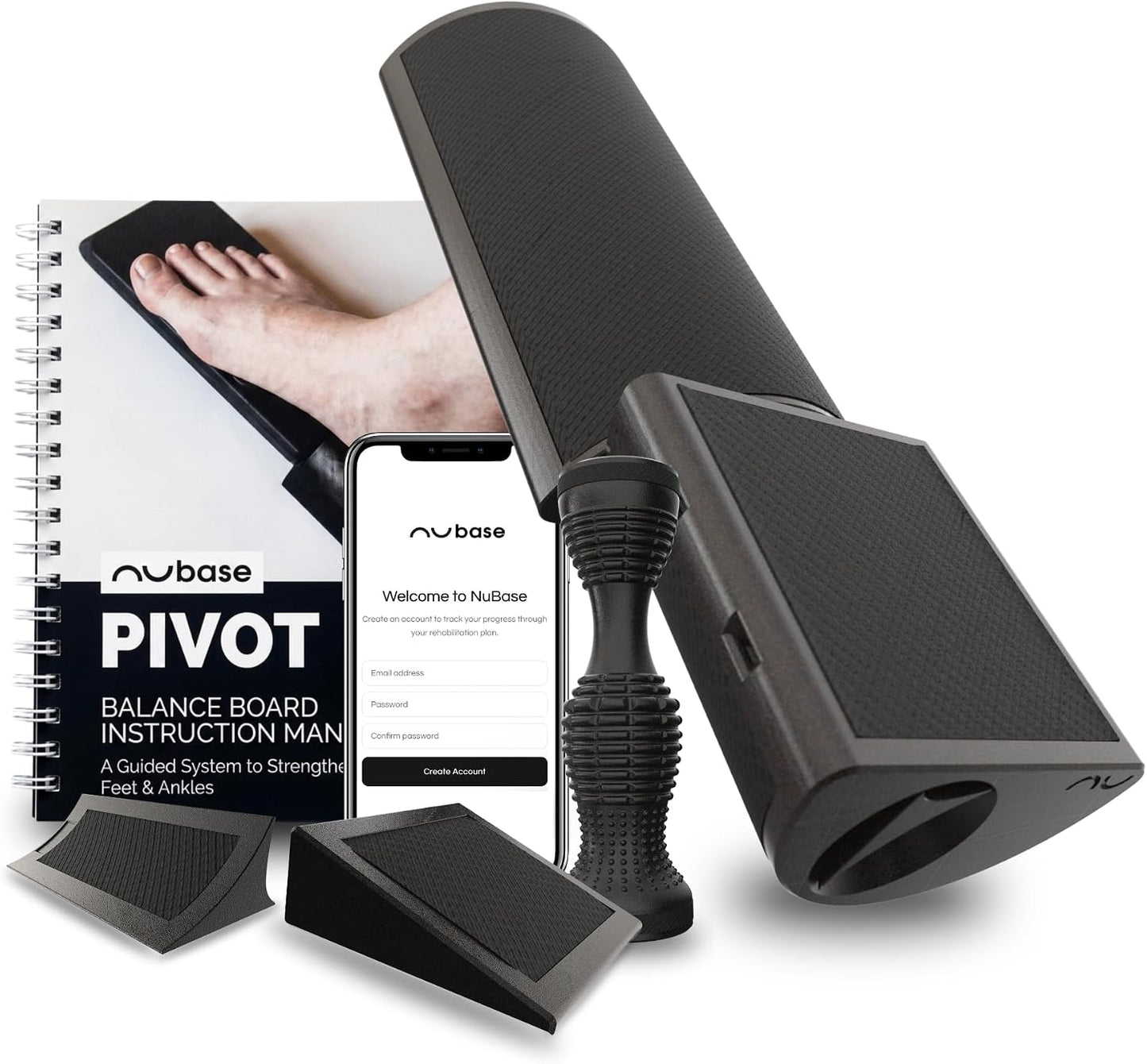 nuBase PIVOT | Split-Board Foot & Ankle Strengthener | Physical Therapy Training System for Ankle Sprains, Achilles Pain, Plantar Fasciitis & Flat Arches | Podiatrist-Developed | Includes Roller, Wedges, 95-Page Guide + nuBase App
