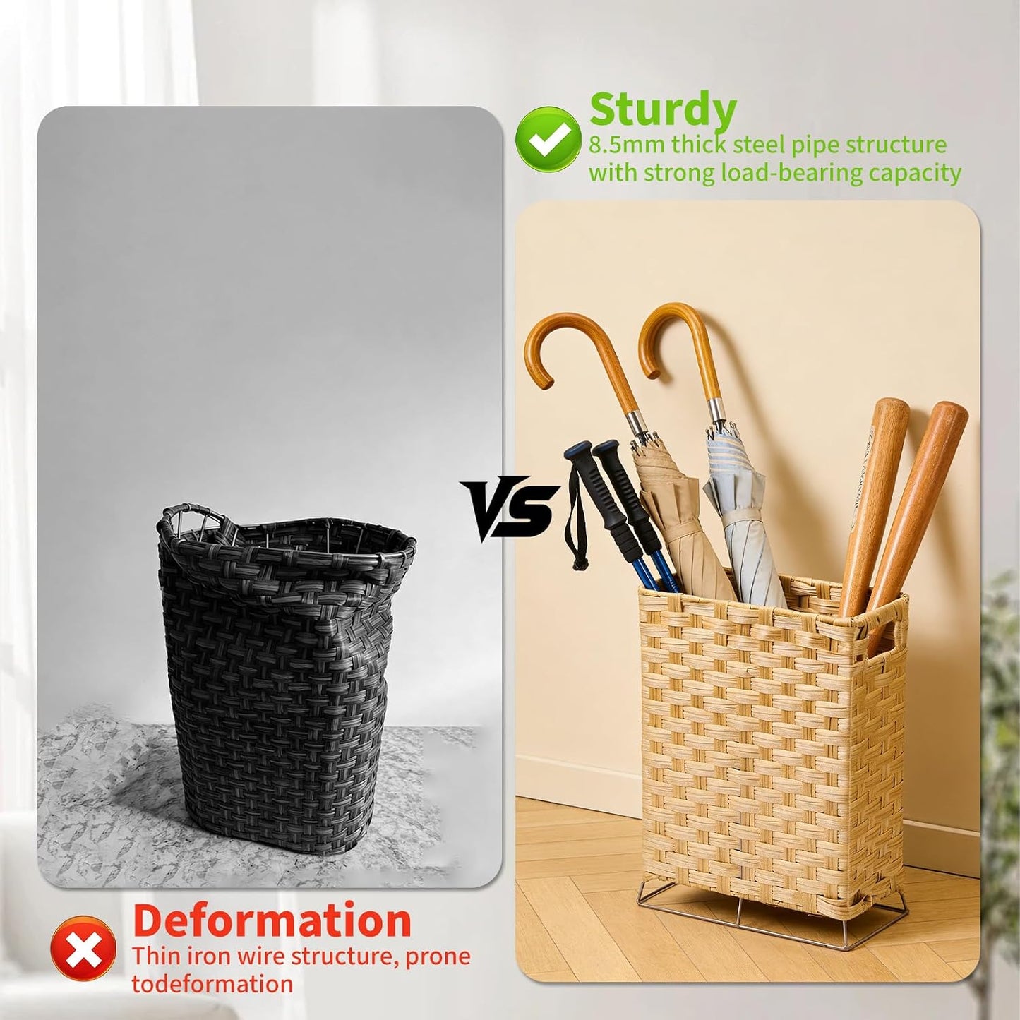 Rattan Umbrella Holder Basket Stand for Entryway | Handwoven, Indoor Umbrella Storage with Waterproof Base, Durable Metal Hooks & Removable Drip Tray