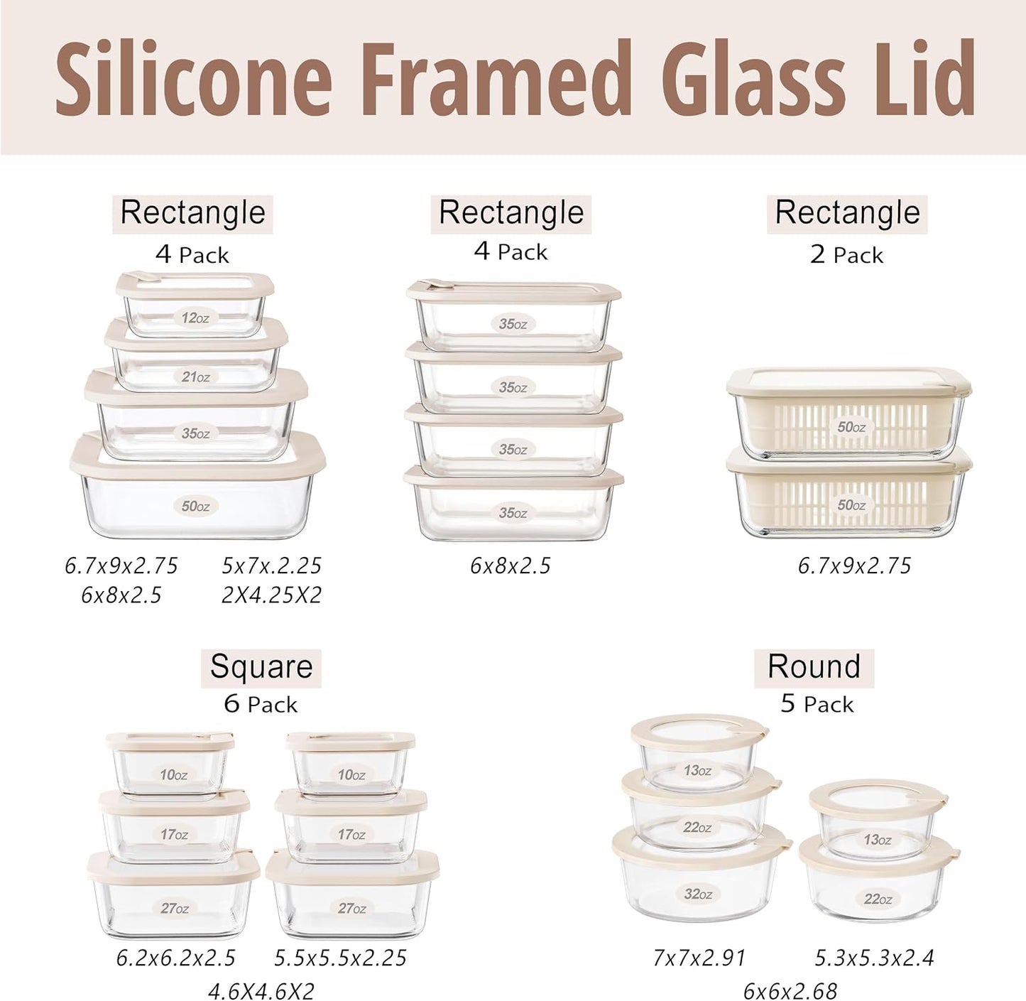 Glass Food Storage Containers with Glass Lids, Microwave Safe Food Container Set, Aitight Meal Prep Container Set, BPA Free, 2 extra Colanders, LeakProof, 2 Pack of 60oz