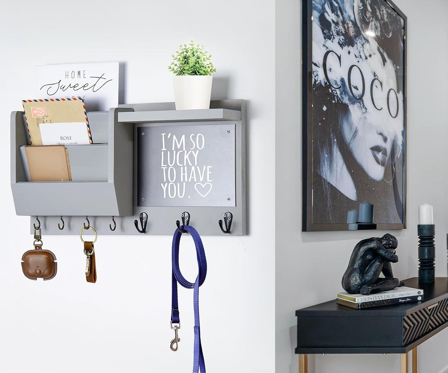 Ziivita Key Holder for Wall - Mail Holder Organizer Wall Mount with Shelf - Hanging Key Rack Hanger with Hooks Decorative for Home Coat Letter Dog Leash Entryway Living Room Decor