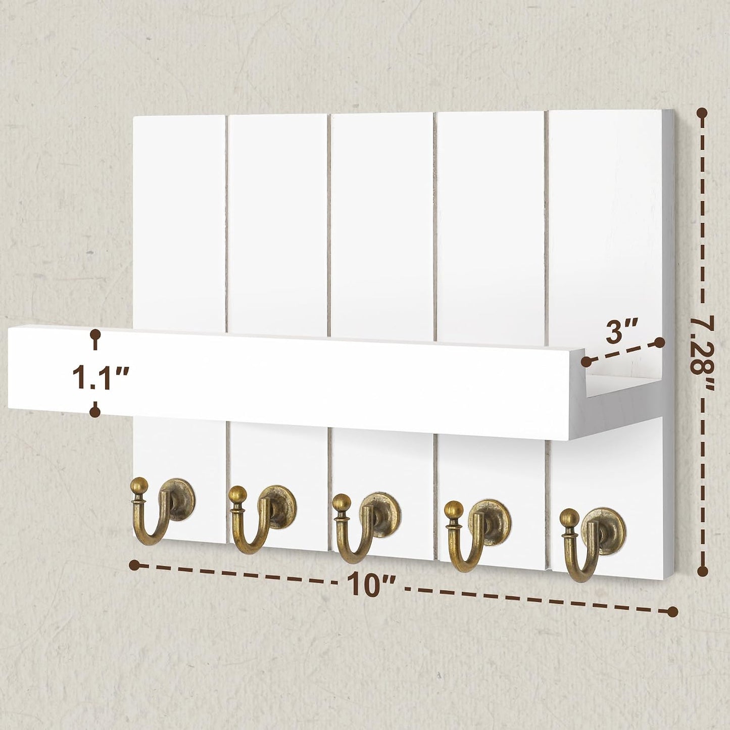 Rebee Vision Key Holder Wall Mount with 5 Key Hooks for Home Decor, Brown | 3.54'' x 10'' x 7.28'', Small Shelf for Display Plant, Key Hangers for Hat, Entryway Space-Saving Storage