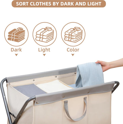 STORAGE MANIAC 160L Collapsible Laundry Hamper with Wheels, Rolling Laundry Basket, Heavy Duty Cloth Sorter with Removable Bag, Folding X Frame Clothes Organizer Cart for Easy to Store, 3 Section