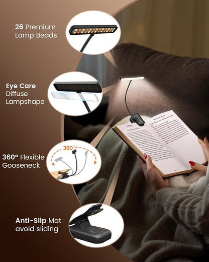 Glocusent 26 LED Reading Lights for Books in Bed, Ideal Gifts for Reader | Rechargeable Book Light, Eye Caring 5 Amber Colors Stepless Dimming, Travel Lightweight Clip-on, Book Lovers Men Women Kids