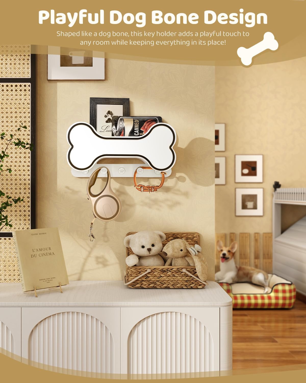 MTERSN Dog Leash Holder for Wall with Key Hooks for Dog Gear Storage, Brown | 3D Puppy Paw Hooks, Doggie Bone Shape, Key Rack with 5 Hooks, Wall Shelf for Treats & Dog Food, Ideal for Wall Decor