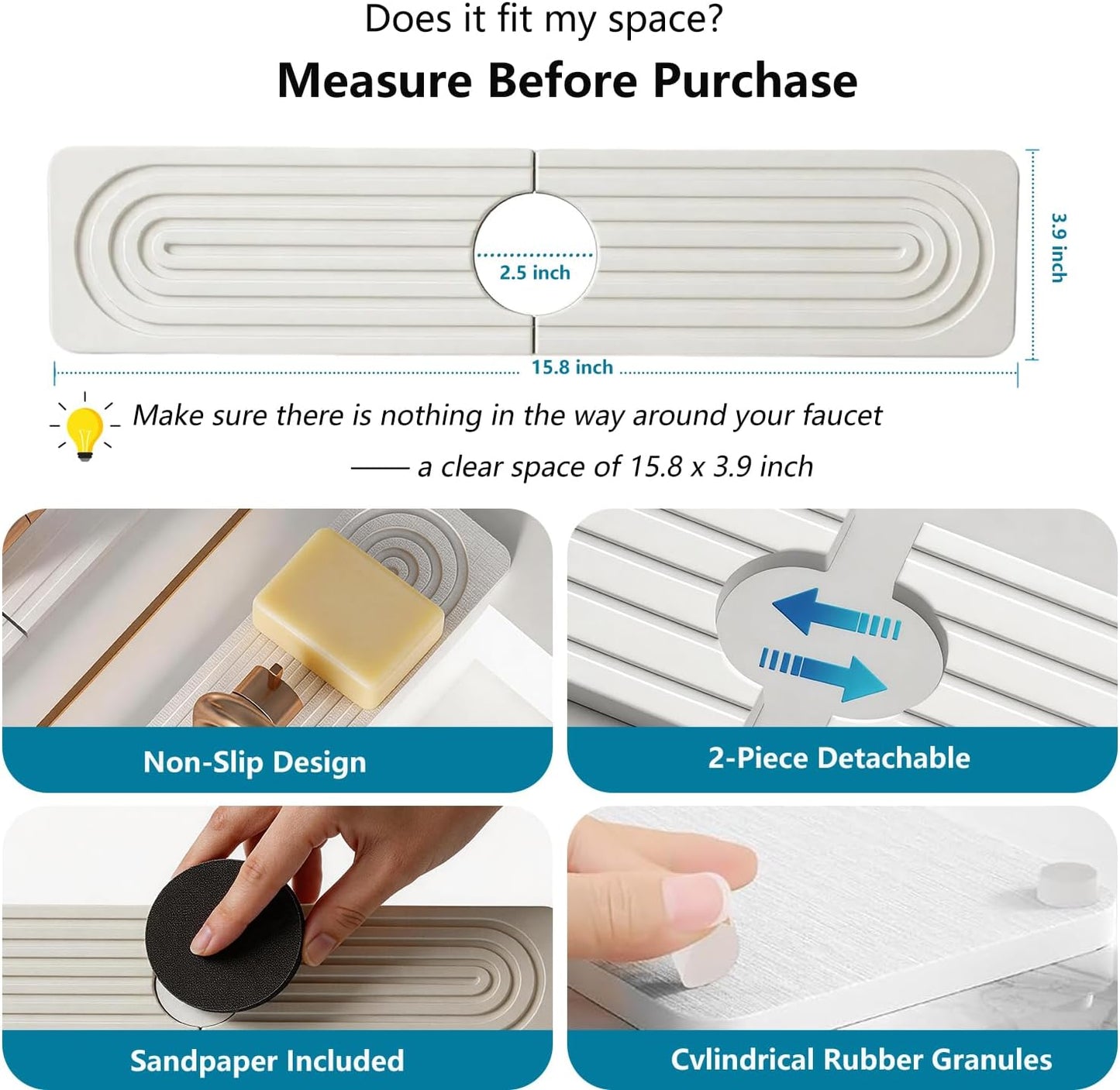Diatomite Stone Faucet Mat for Kitchen Sink,15.8 x 3.9 Inch | Sink Protectors for Kitchen Sink, Fast Drying Sink Splash Guard Pad, Water Absorbing Stone Drying Tray for Kitchen Bathroom