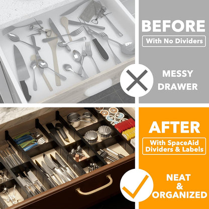 SpaceAid Bamboo Drawer Dividers with Inserts and Labels, Kitchen Adjustable Drawer Organizers, Expandable Organization for Home, Office, Dressers, 4 Dividers with 9 Inserts (17"-22" Natural)