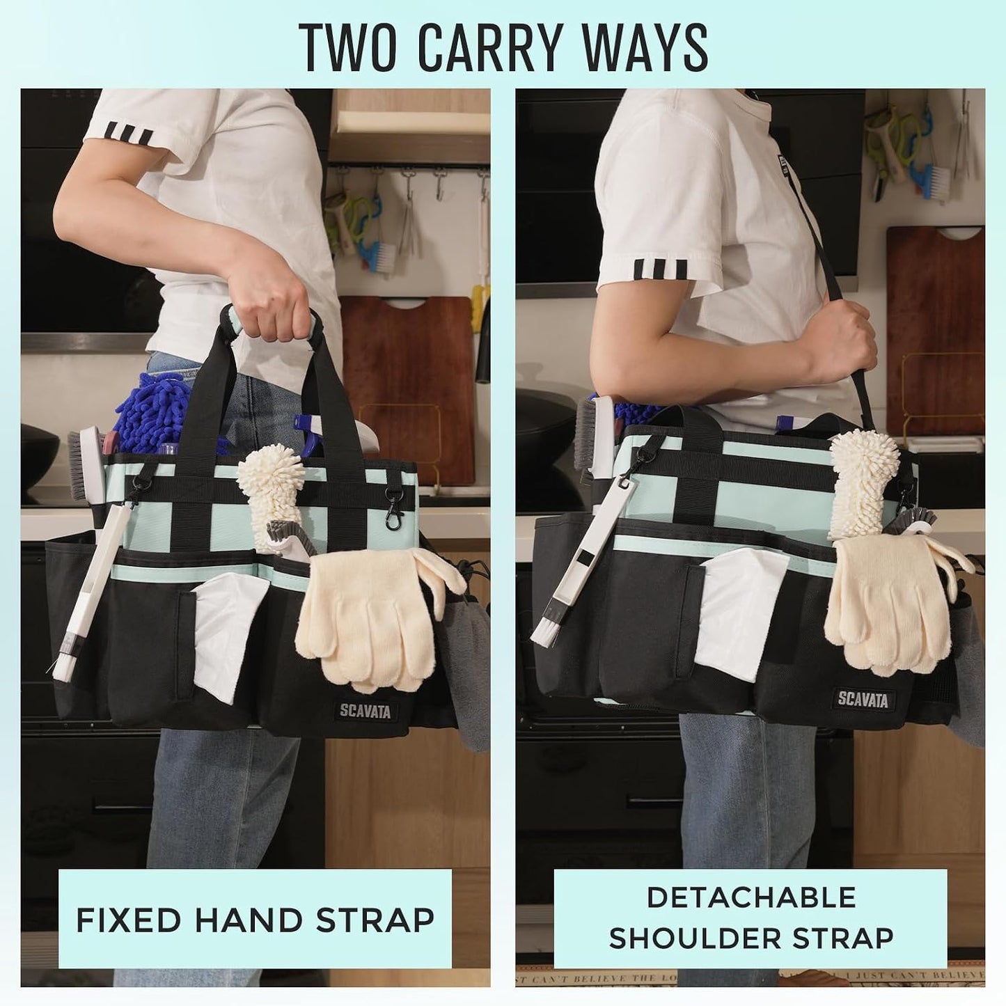 SCAVATA Compact Wearable Cleaning Caddy with Handle & Shoulder Straps | Small Cleaning Supplies Organizer, Under Sink & Car Cleaning Tools Storage Bag for Housekeepers Cleaners, Black