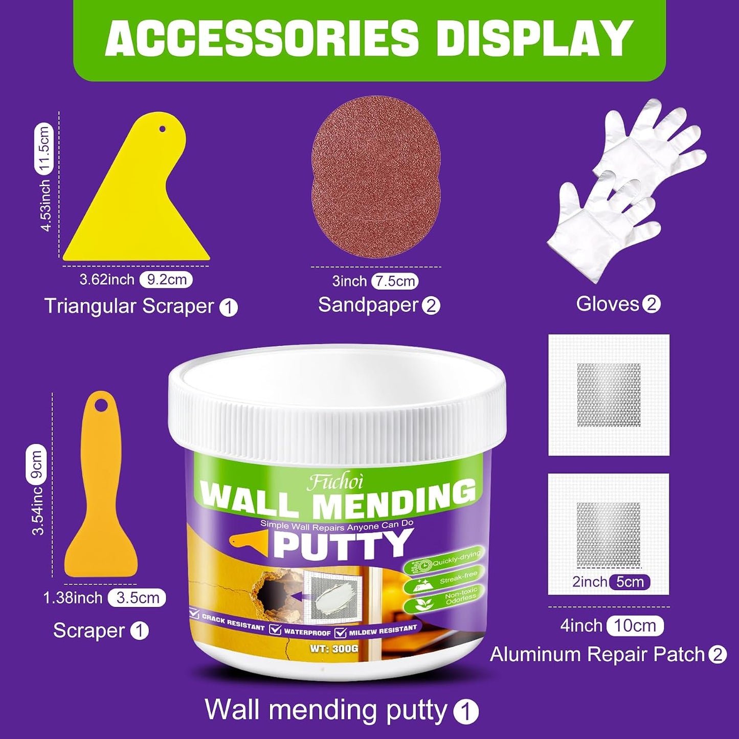 Drywall Repair Kit, 10.5oz Wall Spackle Paste,Drywall Hole Patch Repair Kit | For filling nail holes and crack on wall surfaces,drywall mud plaster with scraper & self-adhesive mesh patches