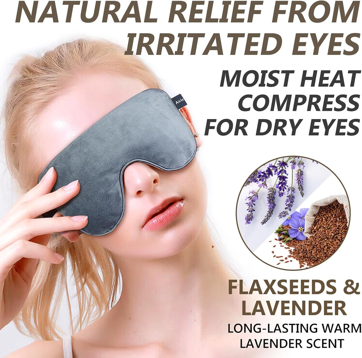 AiricePac Lavender Heat Eye Mask, Microwavable Moist Heating Pad for Dry Eyes, Blepharitis & Stye, Blue, Soft & Durable, Adjustable Strap