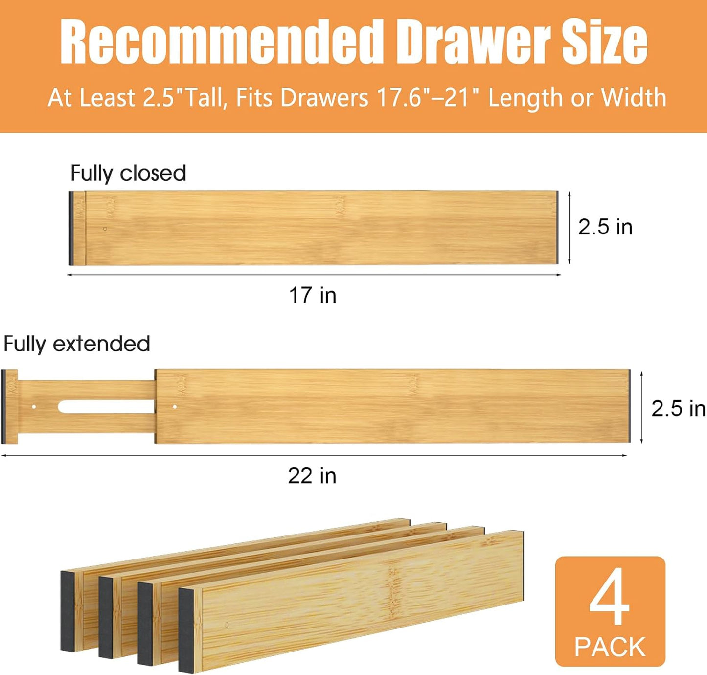 Bamboo Drawer Dividers, Adjustable Drawer Organizers, Fits 12.6–16" Drawers | 2.5" High, 4 Pack Expandable Drawer Separators for Kitchen, Nursery, Dressers & Office Storage, Natural