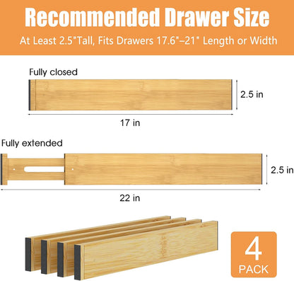 Bamboo Drawer Dividers, Adjustable Drawer Organizers, Fits 12.6–16" Drawers | 2.5" High, 4 Pack Expandable Drawer Separators for Kitchen, Nursery, Dressers & Office Storage, Natural
