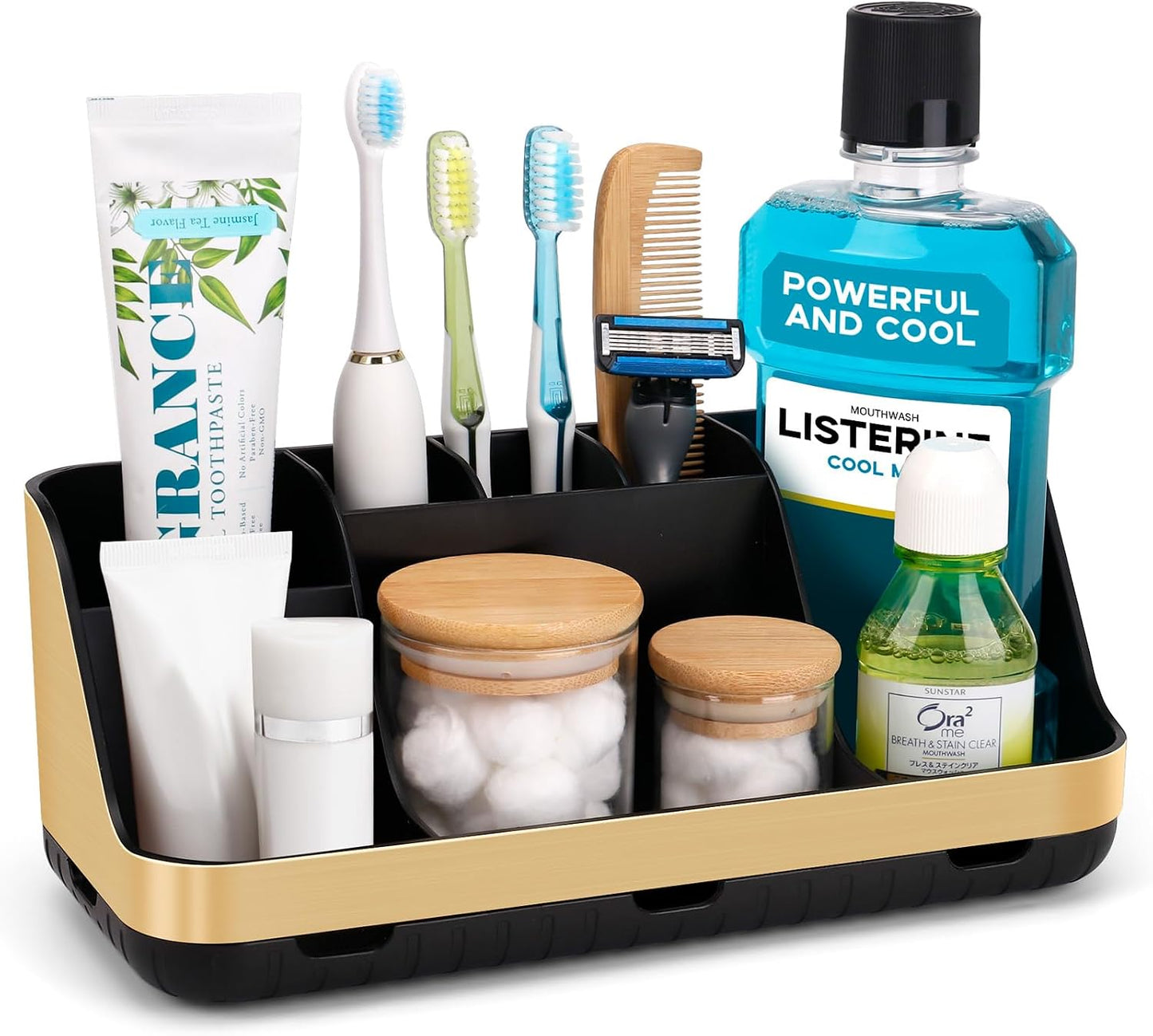 GFWARE Black Toothbrush Holder - 7 Slots Bathroom Organizer Countertop with Drainage Matte Black Electric Toothbrush and Toothpaste Holder for Bathroom Accessories Sink Storage