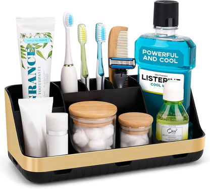 GFWARE Black Toothbrush Holder - 7 Slots Bathroom Organizer Countertop with Drainage Matte Black Electric Toothbrush and Toothpaste Holder for Bathroom Accessories Sink Storage