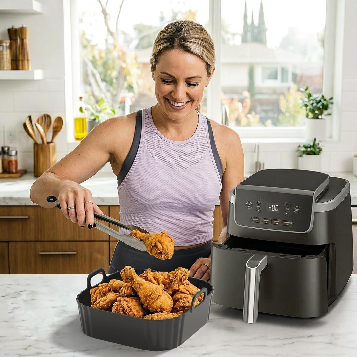 Silicone Air Fryer Liners 2 Pack, Reusable Compatible for Ninja Foodi DZ201, DZ401, DZ550, DZ302, COSORI 9QT, Chefman, Instant, and 6-in-1 8-10QT Dual Baskets
