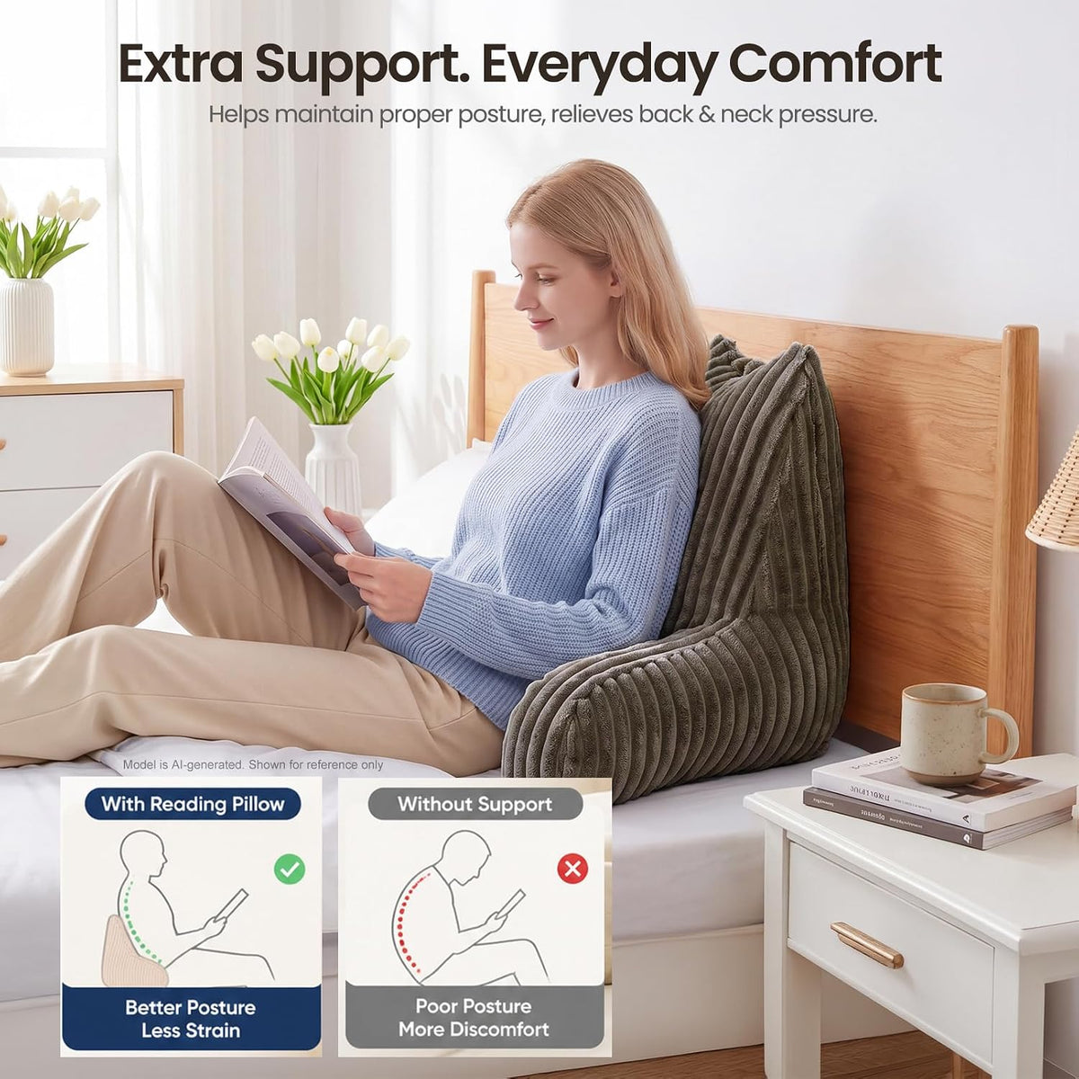 Reading Pillow for Sitting up in Bed, Adjustable Memory Foam Bed Rest Pillow, Wide-wale Plush Cover Machine Washable, Neck Back and Lumbar Support Pillow-Grey