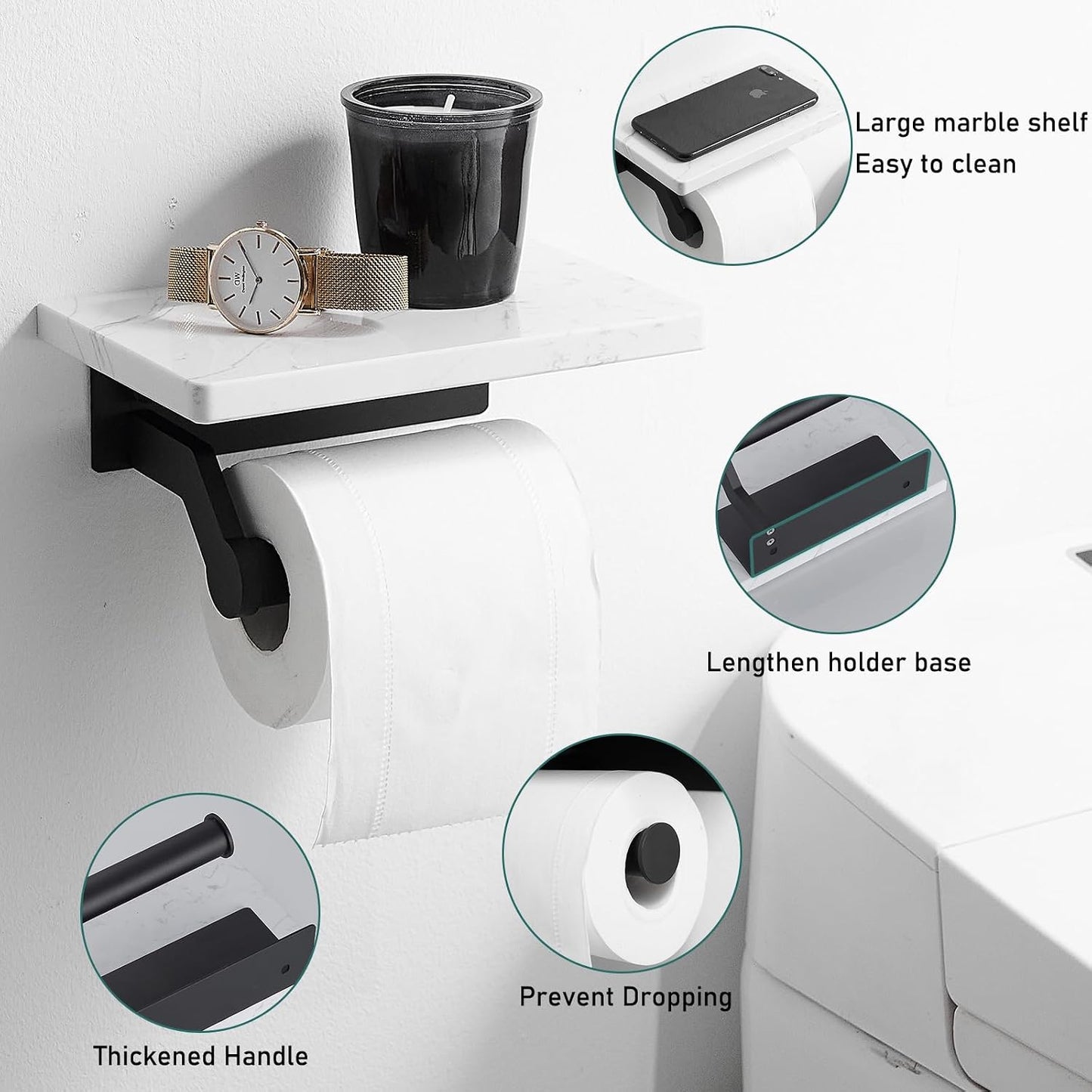 Hoimpro Toilet Paper Holder Wall Mounted, Marble Tissue Roll Rack | Brushed Gold | White Natural Marble Shelf Hand Paper Roll Holder, for Bathroom Kitchen Washroom Bedroom Aluminum