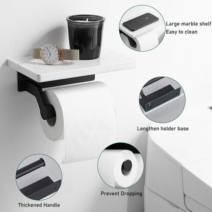 Hoimpro Toilet Paper Holder Wall Mounted, Marble Tissue Roll Rack | Brushed Gold | White Natural Marble Shelf Hand Paper Roll Holder, for Bathroom Kitchen Washroom Bedroom Aluminum