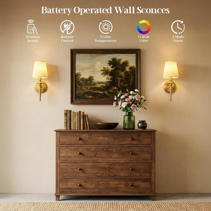 Battery Operated Wall Sconces Set of 2, Wireless Rechargeable Wall Lights with 12 RGB Colors and 3CCT Dimmable, Small Fabric LED Wall Lamps for Bedroom, Living Room, Hallway, Gold