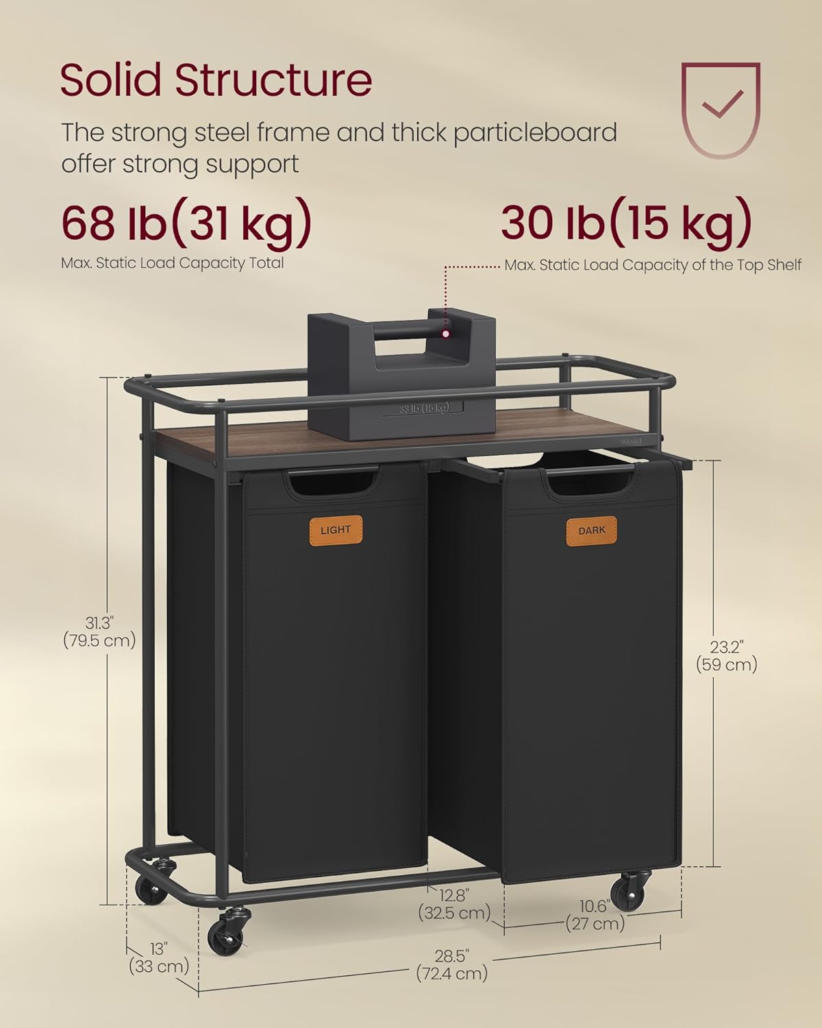 VASAGLE Laundry Sorter with Wheels, 39.6 Gal., 4 Removable Liners | Portable Laundry Cart with Shelf, 150 L, 6 Labels, Ink Black and Chestnut Brown, STEVIE Collection URLS100BH01S