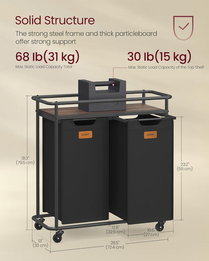 VASAGLE Laundry Sorter with Wheels, 39.6 Gal., 4 Removable Liners | Portable Laundry Cart with Shelf, 150 L, 6 Labels, Ink Black and Chestnut Brown, STEVIE Collection URLS100BH01S