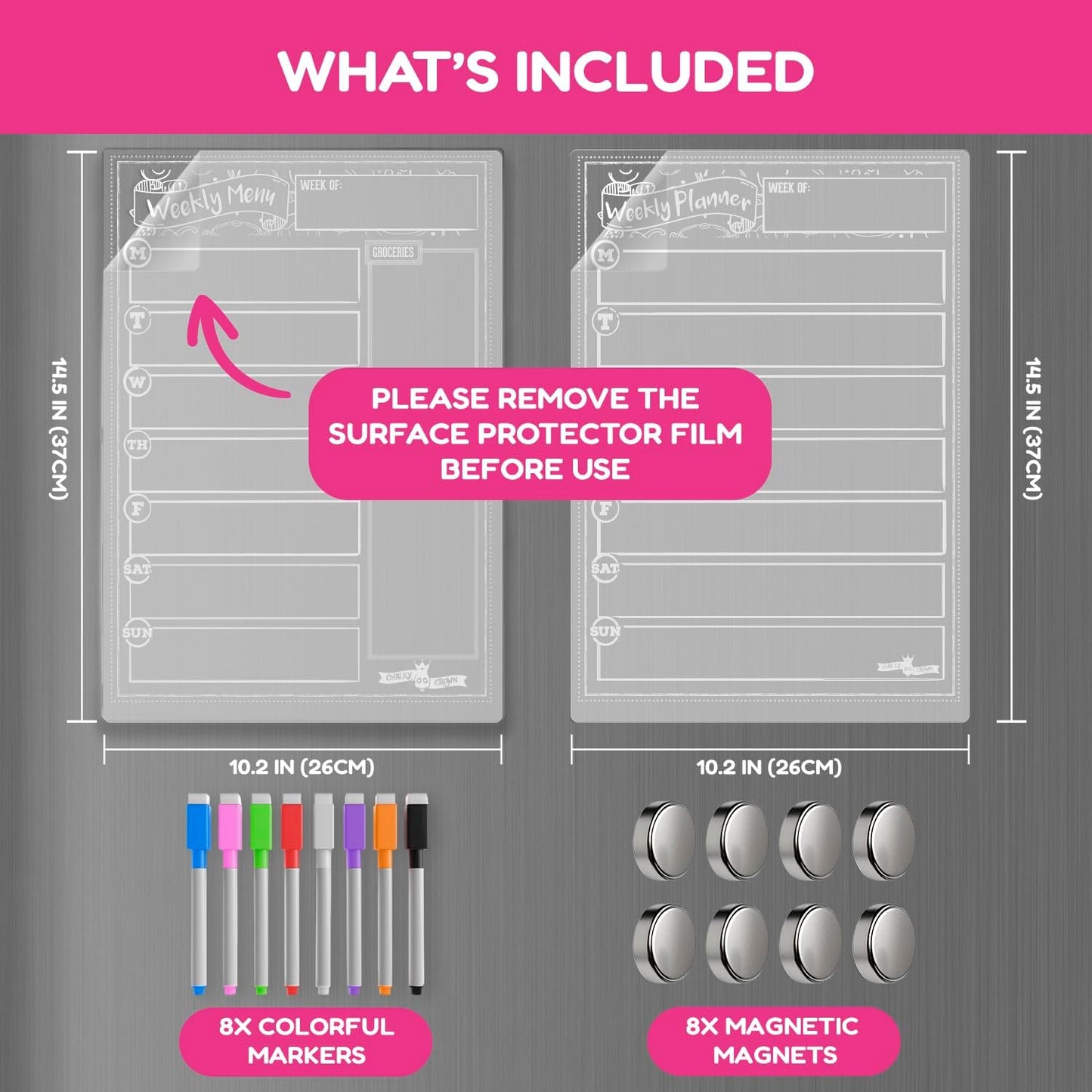 CHALKY CROWN Magnetic Dry Erase Menu Board - Black - 15.6" x 11.6" | Magnetic Weekly Meal Planner & Grocery List for Fridge - Includes 4 Liquid Chalk Markers - Easy to Write & Wipe Clean Design