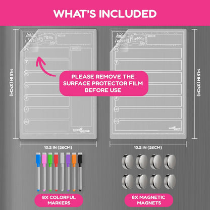 CHALKY CROWN Magnetic Dry Erase Menu Board - Black - 15.6" x 11.6" | Magnetic Weekly Meal Planner & Grocery List for Fridge - Includes 4 Liquid Chalk Markers - Easy to Write & Wipe Clean Design