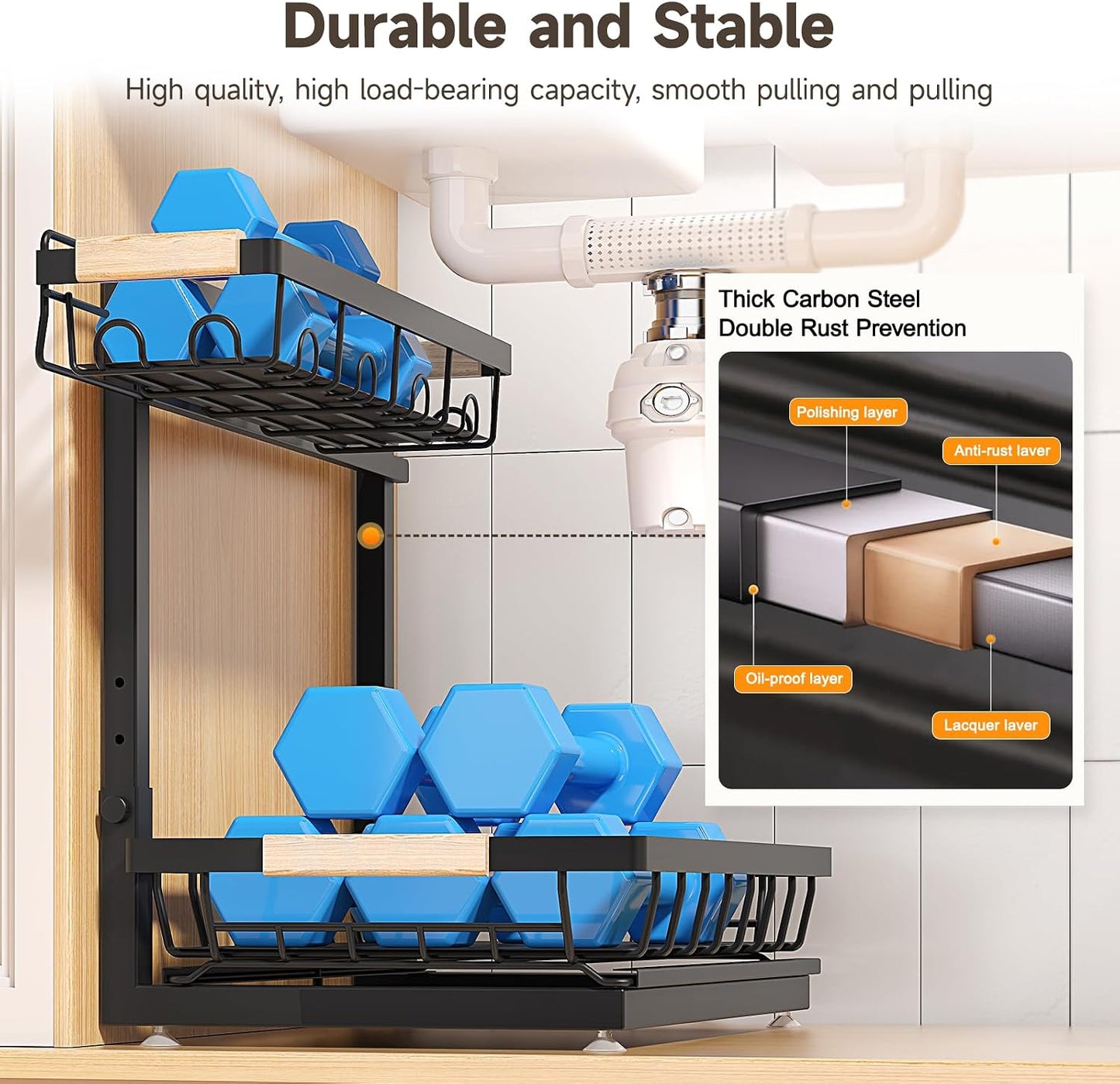 2-Pack 2-Tier Height Adjustable Under Sink Organizer & Storage | Multi-purpose storage for kitchen & bathroom cabinet. Large black shelf, height adjustable design for space-saving.