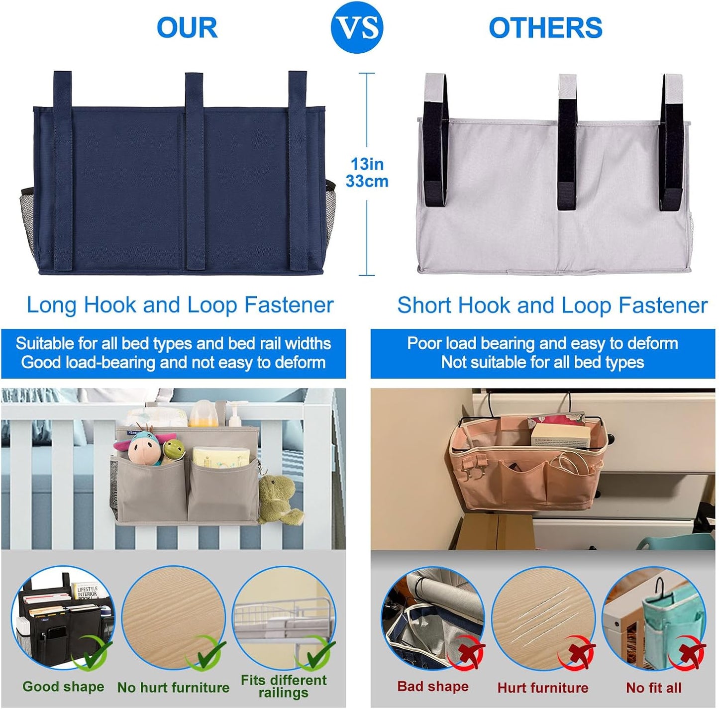 Surblue Bedside Caddy Hanging Organizer Storage Bag Pocket for Bunk, Hospital, College Dorm Rooms, Baby Bed Rails, Camp - 4 Pockets, 2 Hooks (Blue)