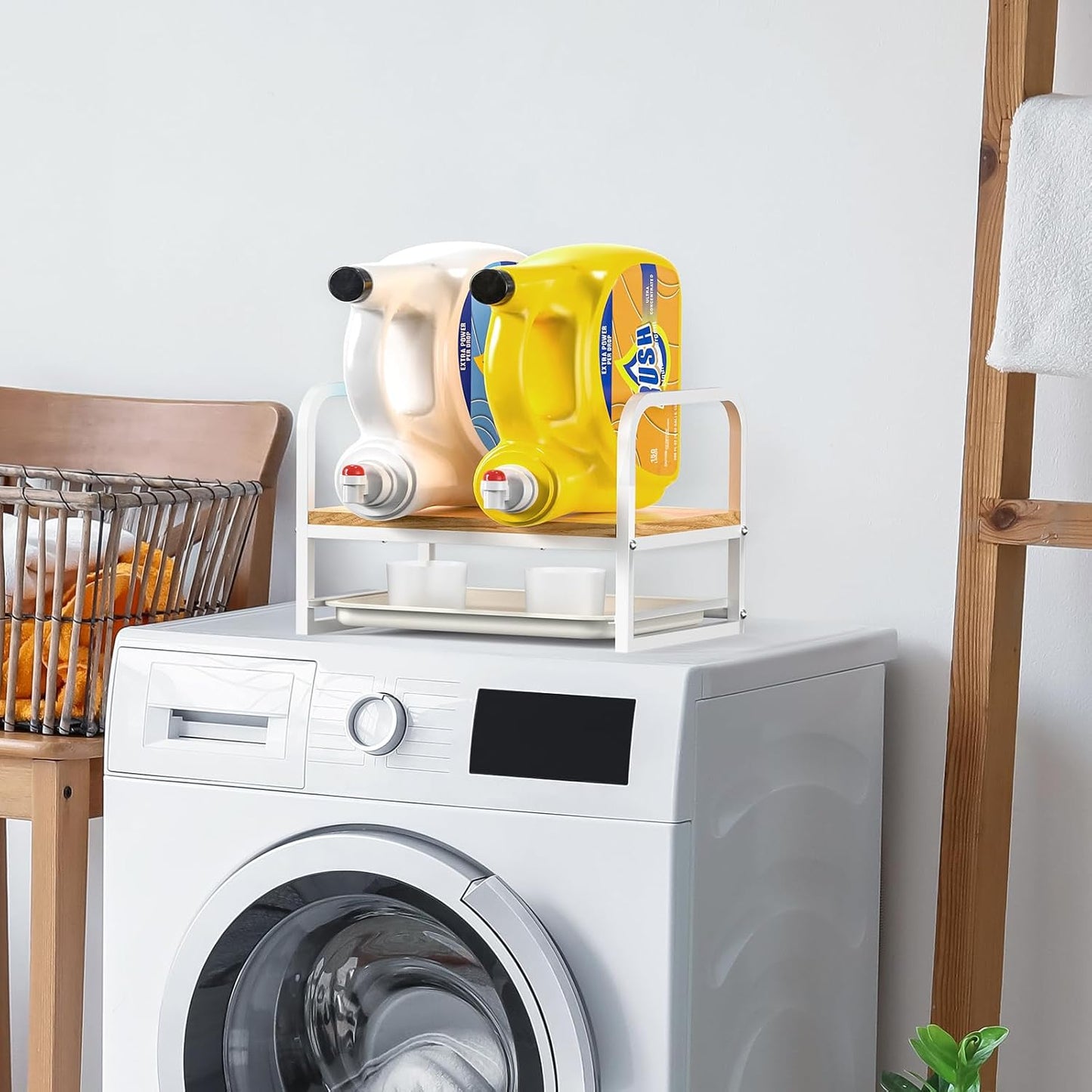 Laundry Detergent Holder Stand, Liquid Detergent Dispenser Shelf Organizer with Cleanable Drip Tray, Liquid Holder Stand Catcher for Laundry Room Organization and Storage (Flat-BlackWhite)